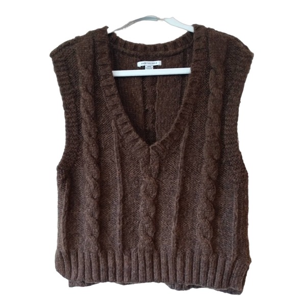 American Eagle Outfitters Sweaters - American Eagle Womens M Brown Fuzzy Cable Knit Sweater Vest Fall Retro Academia